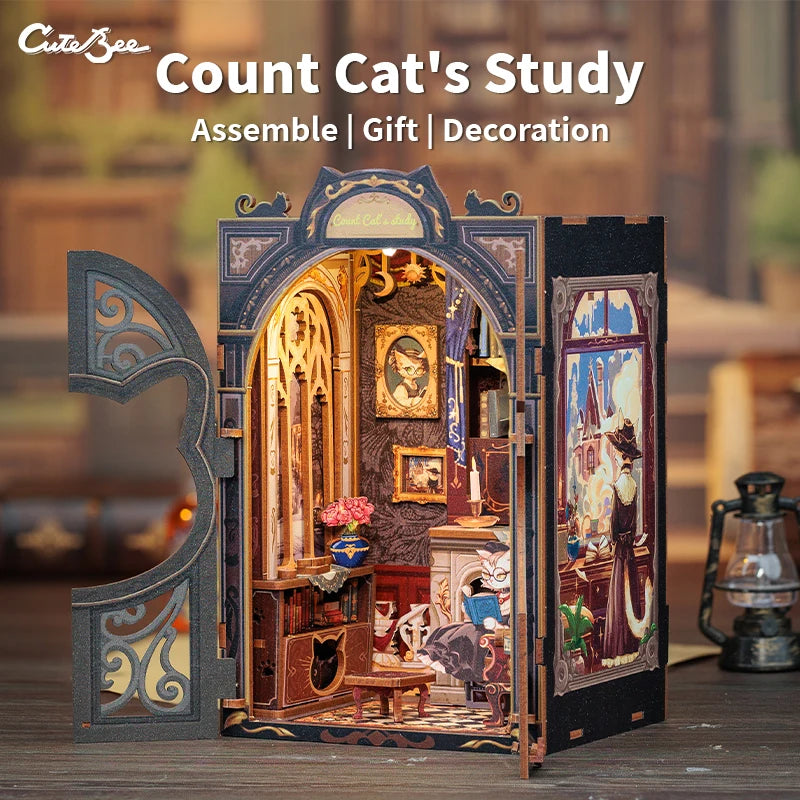 CUTEBEE DIY Book Nook Bookshop Kit Miniature Wooden Dollhouse with Light Bookshelf Insert 3D Puzzle Decor for Gift Owl Bookstore