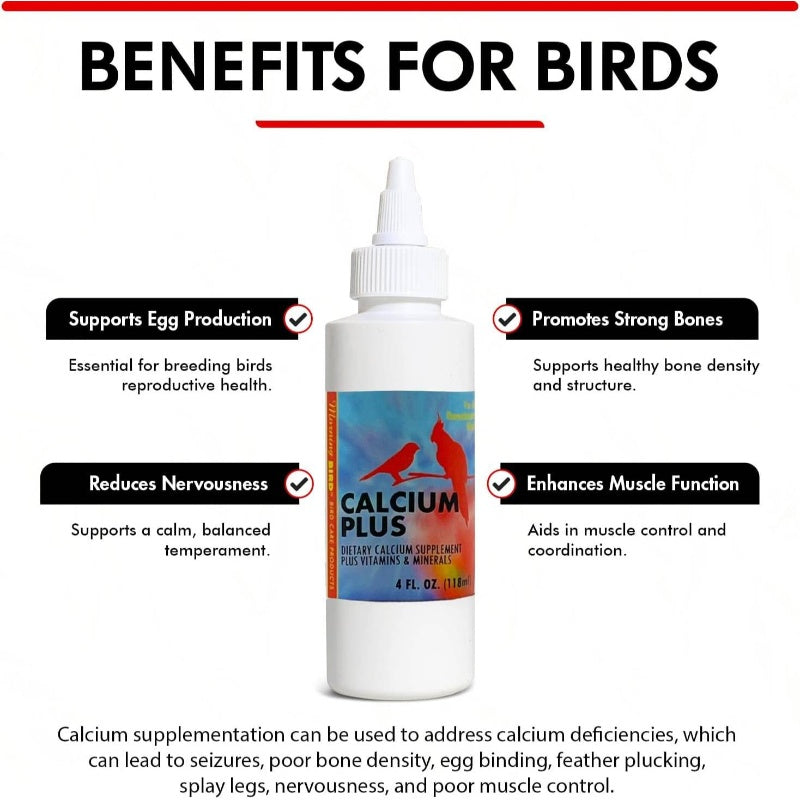 4fl.oz Calcium Plus Bird Vitamins & Mineral Supplement - Liquid/Drop Formula for Eggshell Strength, Healthy Growth, Breeding & Wellness - Calcium-Rich Diet for Parrots, Lovebirds, Finches, Sparrows, Budgies, Cockatiels