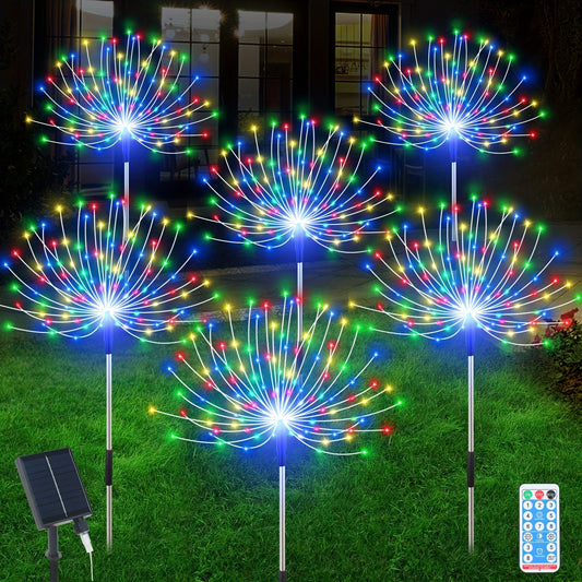 6pcs 720LEDs New Upgrade Outdoor Solar Dandelion Firework Fairy Lights With Remote Control, Easy To Install, With 8 Modes Twinkling&Steady-On, Solar Starburst Sparkler Lights For Yard, Path, Patio Flowerbed, Camping, Parties