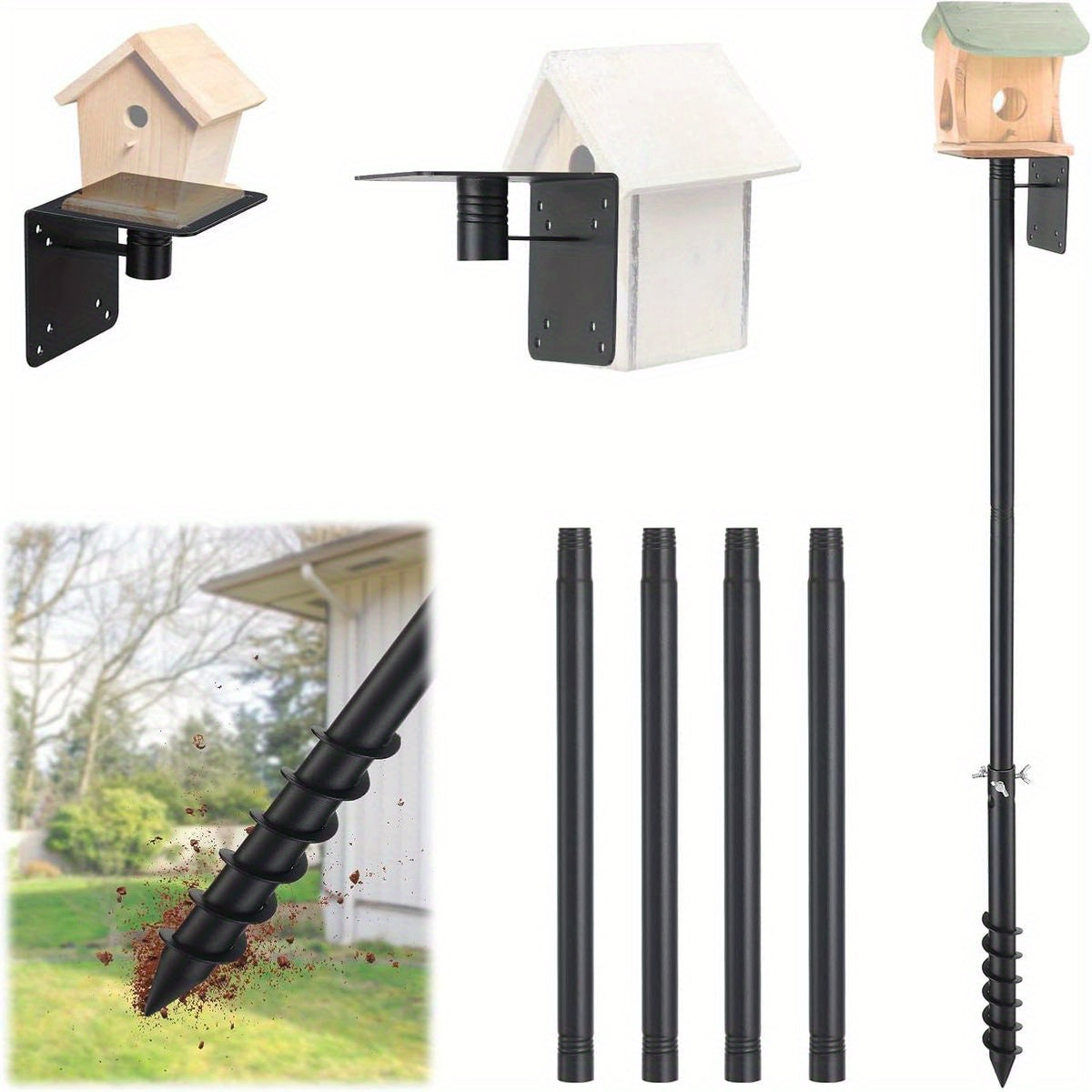 EUIJOIP 60" Heavy-Duty Adjustable Bird Feeder & House Pole - 1.2" Metal Tower with Auger Ground Stake, Mounting Bracket for Birdhouses, Feeders, Mailboxes - Tall Pole for Garden, Yard, Park (Bluebird/Hummingbird Compatible, B