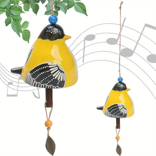 Ceramic Cardinal Bird Wind Chime with Soothing Melodies - Handmade Outdoor/Indoor Hanging Garden Decor, Rustic Yellow & Black Bird with Blue Beads & Leaf, Durable Ceramic, Musical Notes - Perfect for Porch, Backyard, Christma