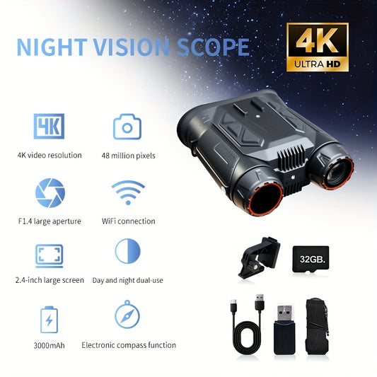 4K Night Vision Binoculars with 16X Digital Zoom, Supporting Photo And Video Recording. 2.4in Screen, 7-Level IR Adjustable, 3000mAh Battery (5-6 Hours), 32GB TF Card, WiFi, Altitude, Barometer, E-Compass - Handheld, Helmet &