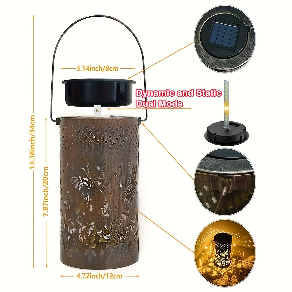Large Updated Solar Iron Outdoor Decorative Lights - With 3D Dynamic Projection And Solar Battery, Floral And Butterfly Cutouts, IP65, Warm Ambiance Glow Suitable For Courtyards, Balconies, Or Lawns, Perfect Gift.