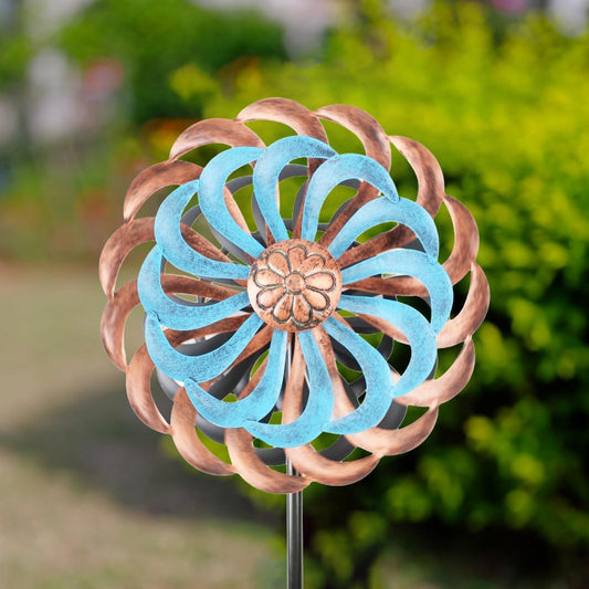 Extra Large 63.4" Metal Wind Spinner with Turquoise & Copper Blades - Elegant Outdoor Yard Decoration, Wind-Powered Motion, Sturdy Garden Stake Base, Durable Metal Construction for Patio, Lawn, Farmhouse, or Modern Home - Lar