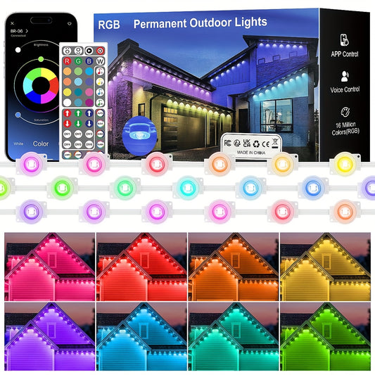 100ft 50LEDS/150ft 75LEDS Permanent Outdoor Lights, for House Roof, Christmas, Holiday, Party, Daily Lighting, IP67 Waterproof, RGB Eaves Lights with Multi Scene Modes for Halloween, APP & 44 KEY Remote, Festive Lights, Dynam