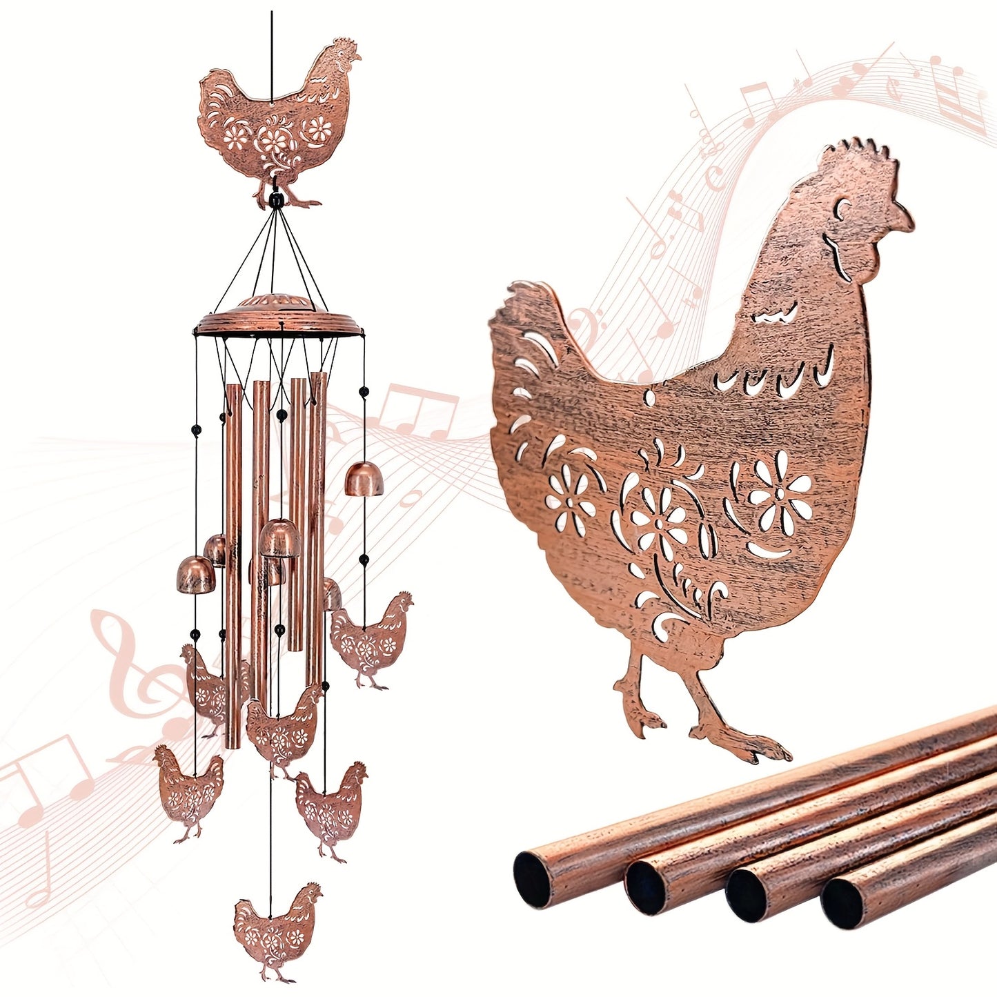 37-Inch Farmhouse Chicken Wind Chime - with Hanging Chains & S-Hooks, Rustic country garden Decor, Durable Metal-like appearance for Patio, Porch, Yard - No Electricity Needed, Perfect Housewarming or Birthday Gift for Farmer