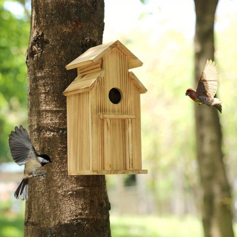 Outdoor Wooden Bird House with Pole - Classic Wall-Mounted Hummingbird House, No Electricity Needed, Durable Weather-Resistant Design for Garden & Patio, Attracts Birds & Wildlife, Bird Decor, Wildlife Attraction, Natural Aes