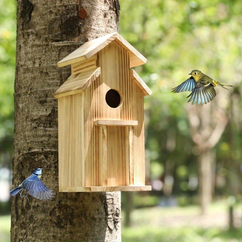 Outdoor Wooden Bird House with Pole - Classic Wall-Mounted Hummingbird House, No Electricity Needed, Durable Weather-Resistant Design for Garden & Patio, Attracts Birds & Wildlife, Bird Decor, Wildlife Attraction, Natural Aes