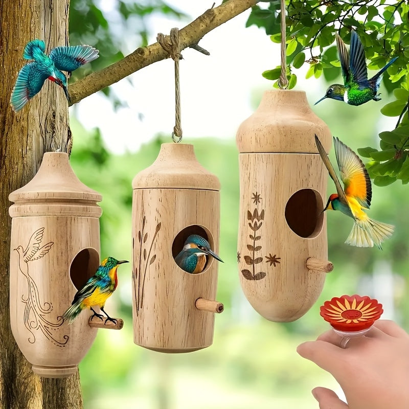 3pcs Natural Wooden Hummingbird House, Outdoor Garden Hummingbird Nest, Bird Feeder - Ideal for Outdoor Hanging, Gardening Gifts Home Decor - Perfect Gift for Bird Lovers