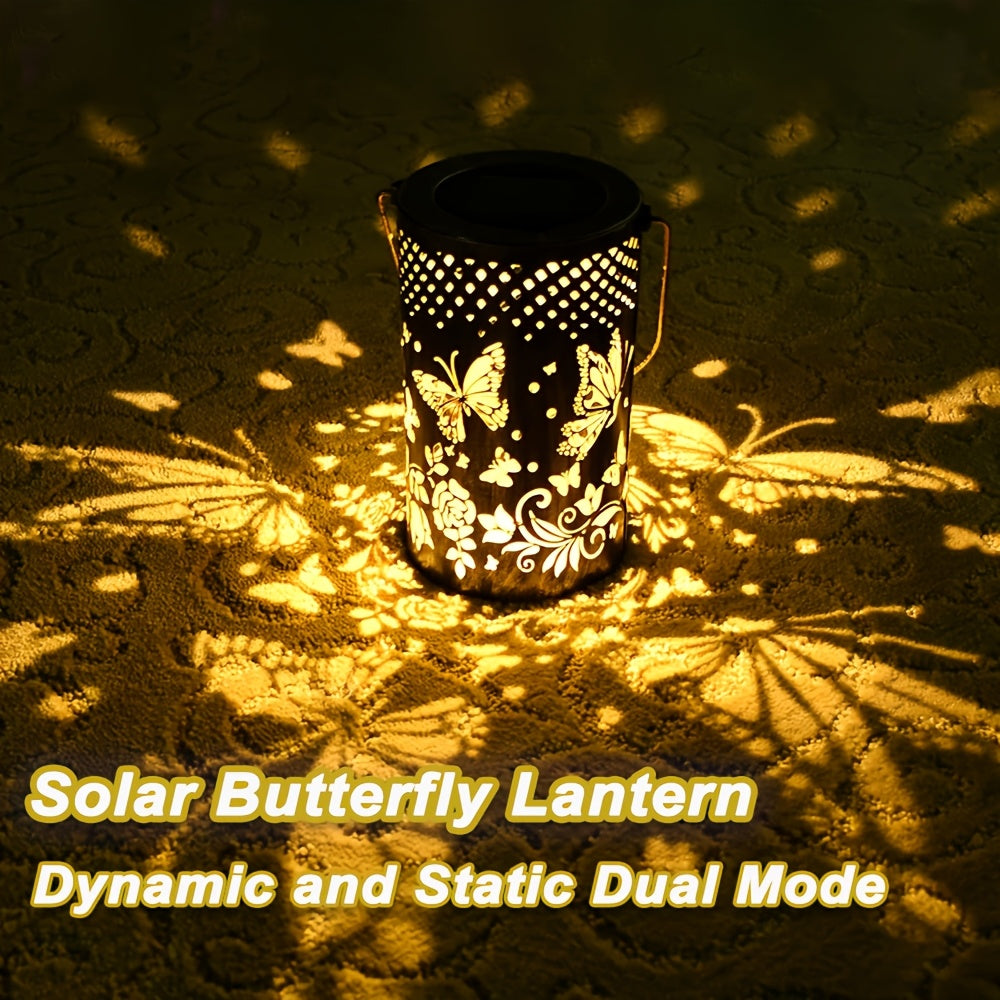 Large Updated Solar Iron Outdoor Decorative Lights - With 3D Dynamic Projection And Solar Battery, Floral And Butterfly Cutouts, IP65, Warm Ambiance Glow Suitable For Courtyards, Balconies, Or Lawns, Perfect Gift.