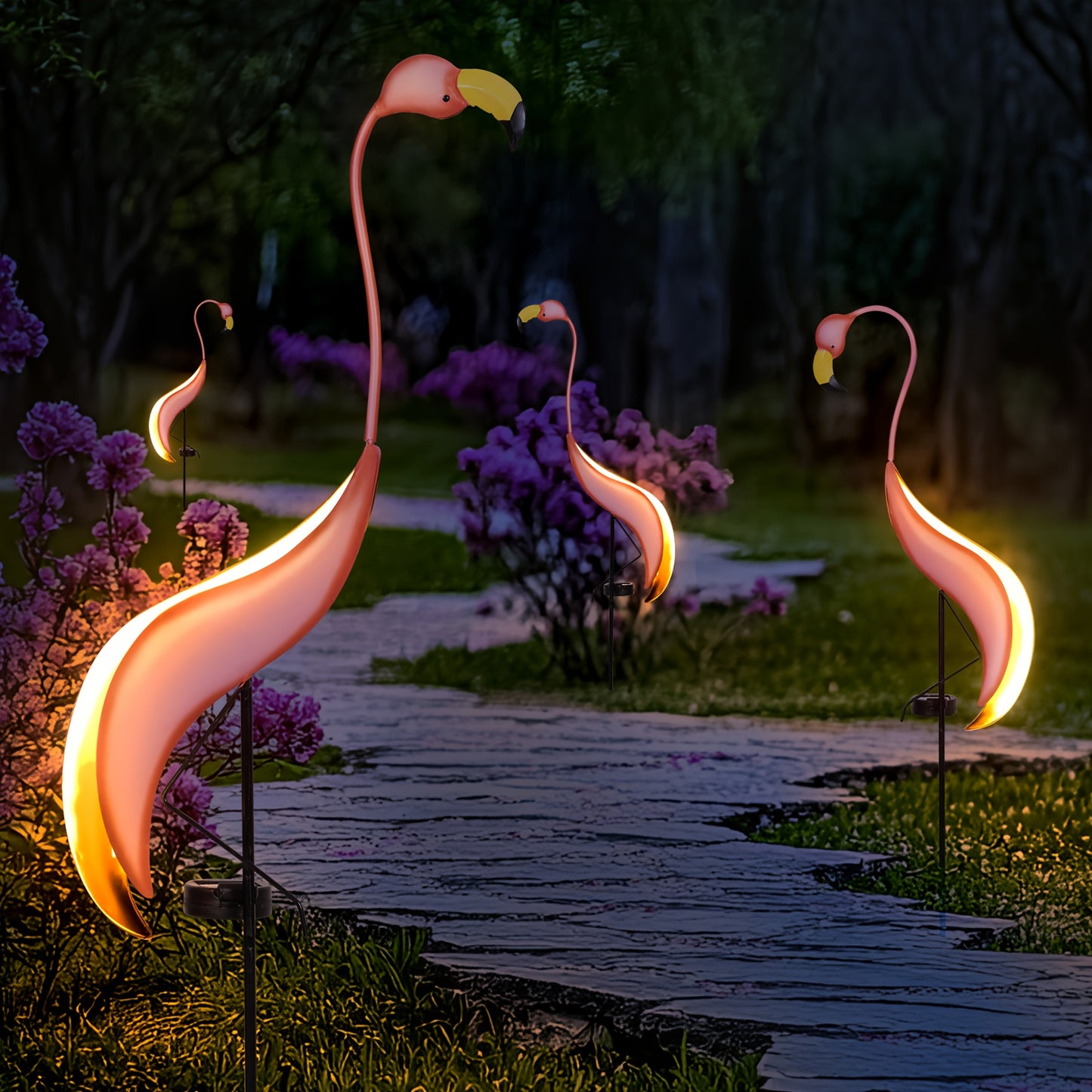 2PK Solar-Powered Flamingo Garden Stake Lights - LED Outdoor Yard Decor, Weather-Resistant Metal Bird Statues for Lawn, Patio, Porch - Rechargeable Nickel Battery, Matte Finish, Housewarming Gift, Outdoor Lighting | Vibrant G