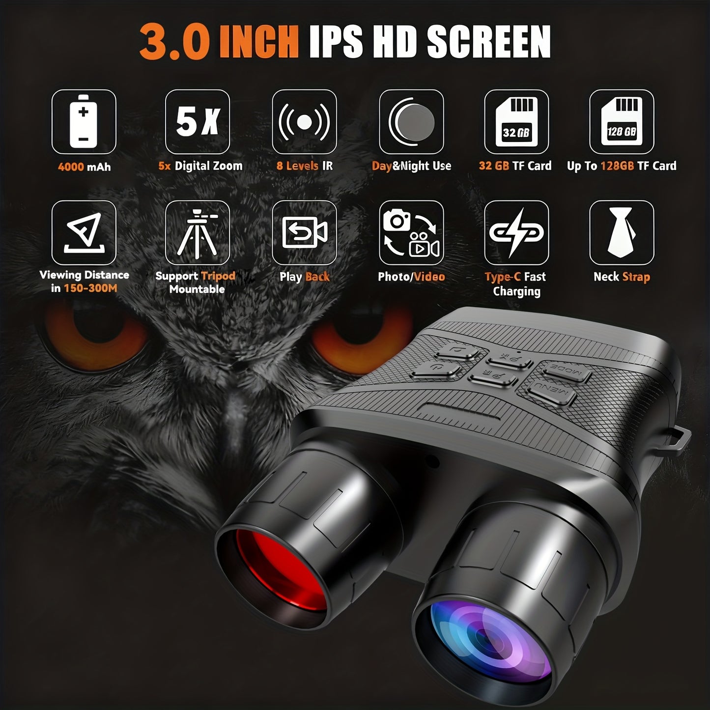 4K Night Vision Goggles for Adults Digital Infrared Binoculars with 3 Inch Screen 36MP Photo 5X Zoom 7 Level IR Rechargeable for Hunting Wildlife and Security