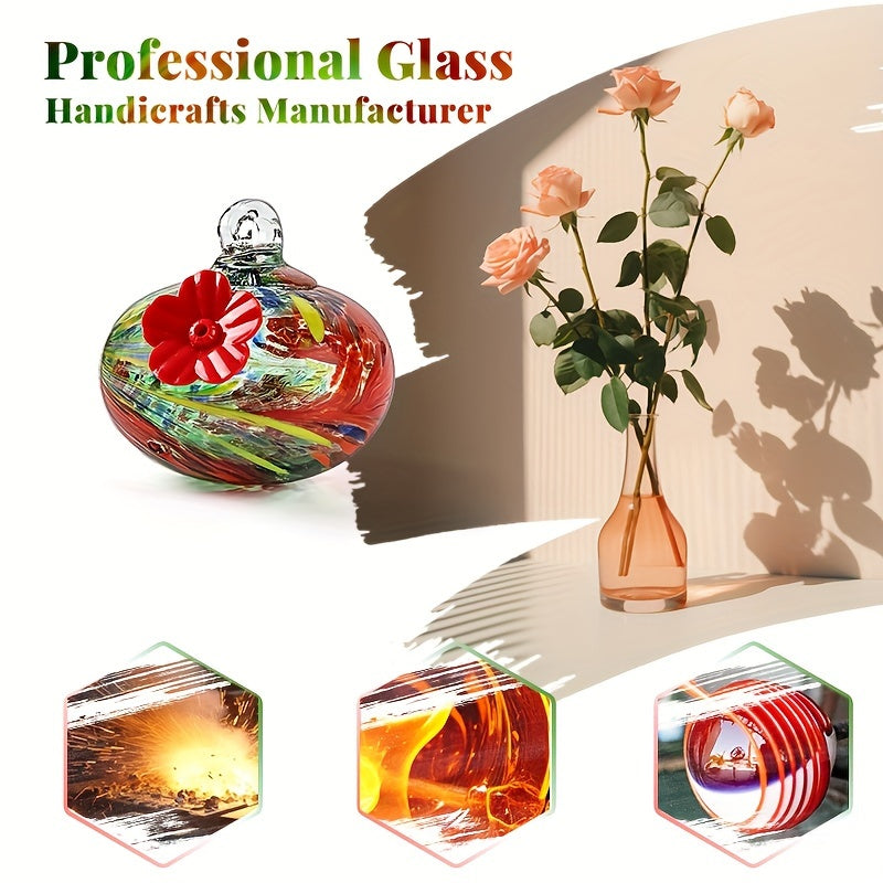Hand-Blown Glass Wind Chime Hummingbird Feeder - Ant & Bee Proof, Never-Leak Design, Vibrant Floral Garden Decor for Outdoor Use, No Electricity Needed, Hummingbird Decor, Artistic Feeder, Decorative Glassware
