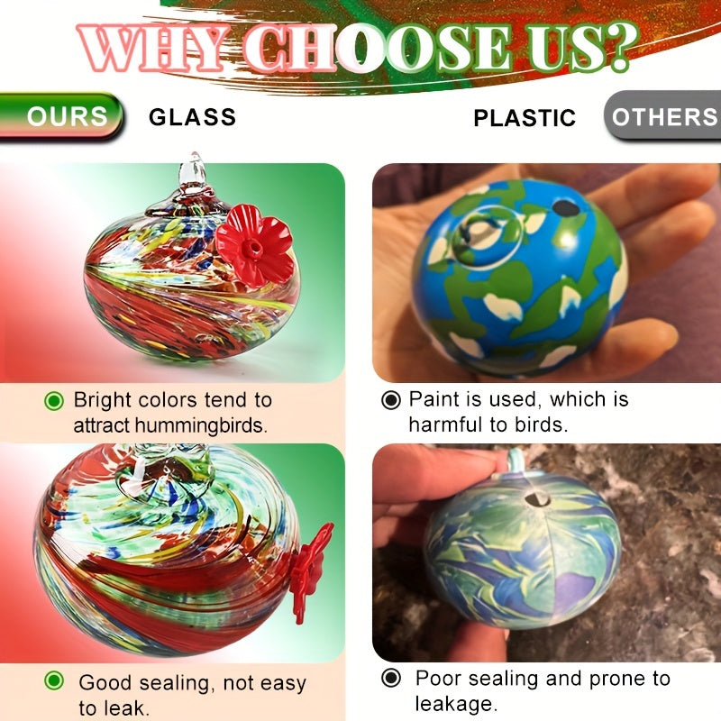 Hand-Blown Glass Wind Chime Hummingbird Feeder - Ant & Bee Proof, Never-Leak Design, Vibrant Floral Garden Decor for Outdoor Use, No Electricity Needed, Hummingbird Decor, Artistic Feeder, Decorative Glassware