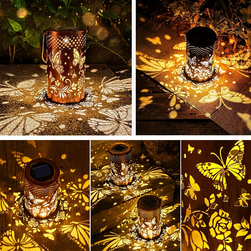 Large Updated Solar Iron Outdoor Decorative Lights - With 3D Dynamic Projection And Solar Battery, Floral And Butterfly Cutouts, IP65, Warm Ambiance Glow Suitable For Courtyards, Balconies, Or Lawns, Perfect Gift.