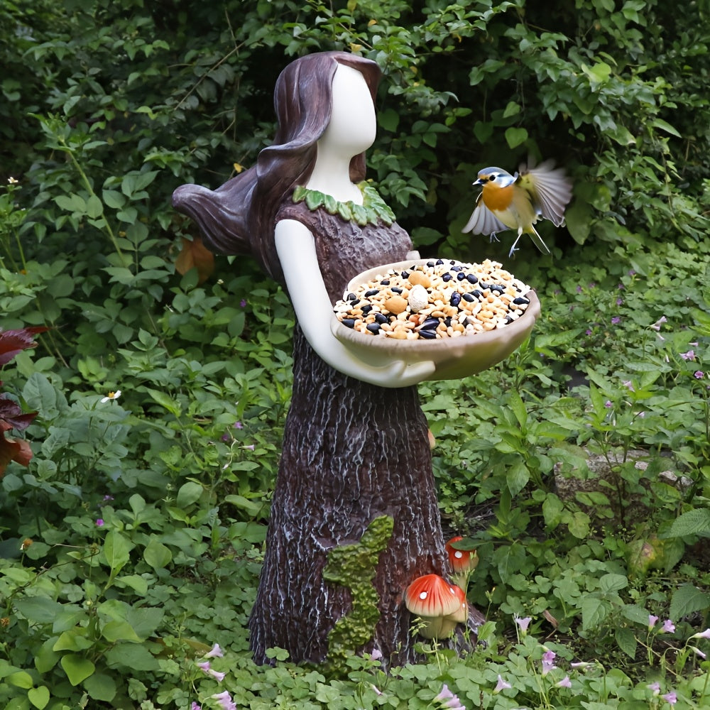 23.6-inch Large Outdoor Garden Bird Drinking Fountain Stand & Base with Fairy Angel Design - Elegant Fairy Holding Bowl, Durable Resin Construction, Attracts Birds with Water or Food, Sturdy Base for Patio/Deck/Lawn Decoratio