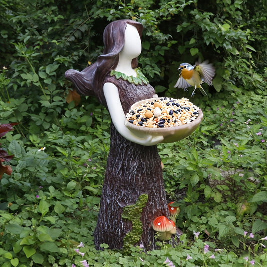 23.6-inch Large Outdoor Garden Bird Drinking Fountain Stand & Base with Fairy Angel Design - Elegant Fairy Holding Bowl, Durable Resin Construction, Attracts Birds with Water or Food, Sturdy Base for Patio/Deck/Lawn Decoratio