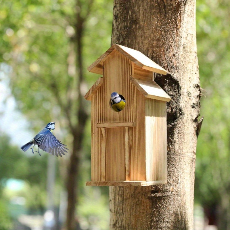 Outdoor Wooden Bird House with Pole - Classic Wall-Mounted Hummingbird House, No Electricity Needed, Durable Weather-Resistant Design for Garden & Patio, Attracts Birds & Wildlife, Bird Decor, Wildlife Attraction, Natural Aes