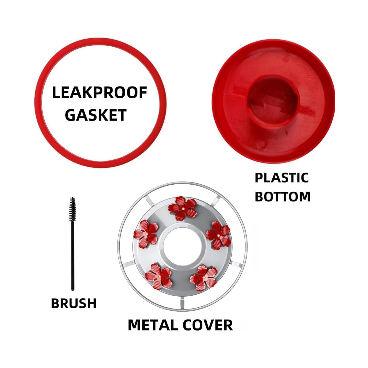 Hummingbird Feeder Replacement Bottom Base Replacement Part Includes Red Plastic Base Metal Top and Brushes (Silvery-1),  Functional Feeder Setup, Durable Feeder Components, Longlasting Parts, Feeder Repair Kit, Wildlife Love