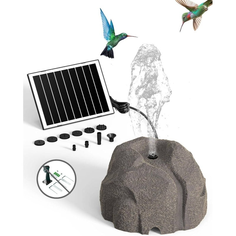 Solar-Powered (Battery-Powered, No Electricity Needed) Outdoor Bird Bath Fountain with 10 Adjustable Nozzles - Self-Cleaning Water Feature, Realistic Granite Rock Design, Durable Resin Construction, Easy Installation with Sta