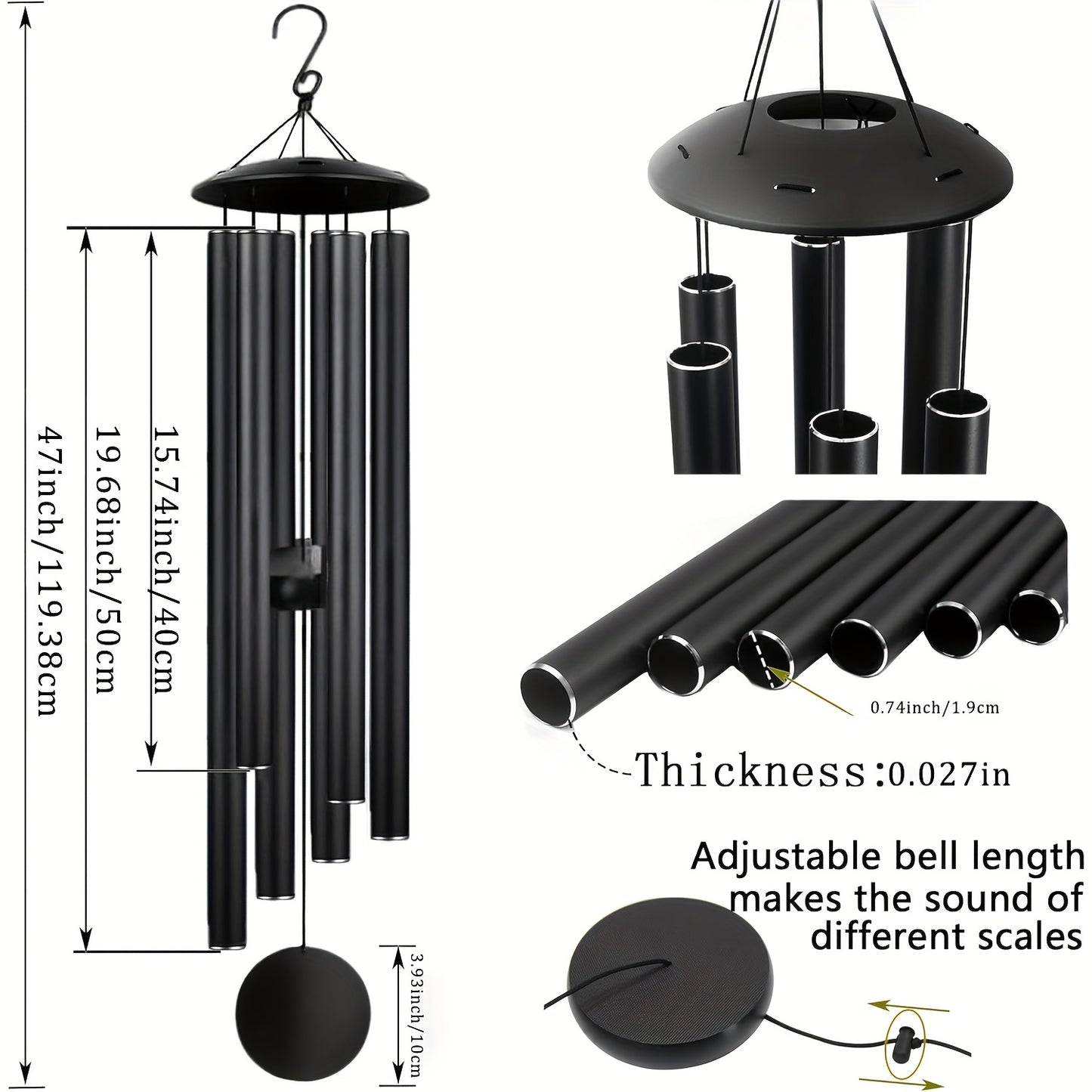 Large 47" Memorial Wind Chimes with 6 Heavy Tubes - Deep Tone Soothing Melodies, Modern Outdoor/Indoor Hanging Decor for Garden, Patio, Porch - Durable Plastic Wind Chime with Spherical Top & Soothing Sound - Sympathy Gift fo