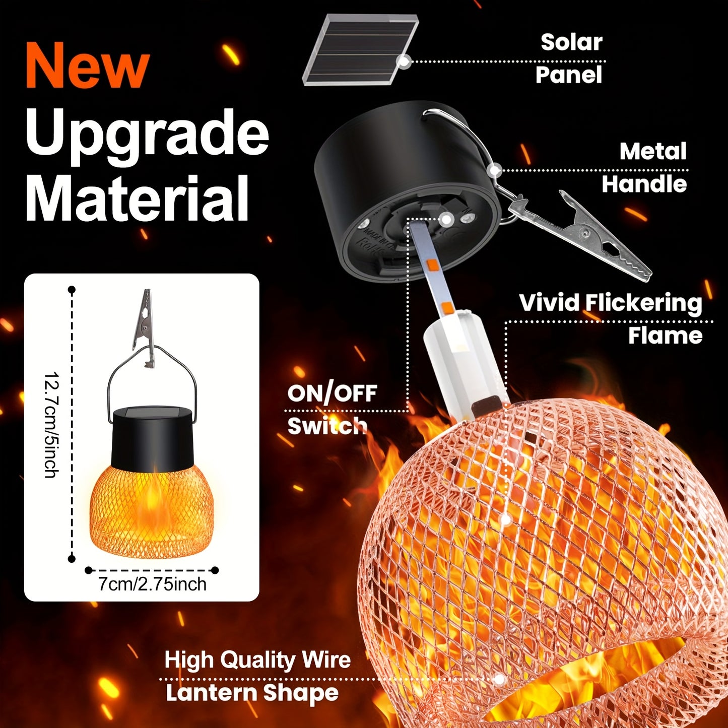 4 Pack Solar Flame Lanterns Outdoor Hanging Lights - Solar-Powered with Auto On/Off, IP65 Waterproof, No Wiring Needed, Black Metal Lanterns with Hanging Hooks for Garden, Patio, Party, Camping, BBQ - Warm Golden-Yellow Flame