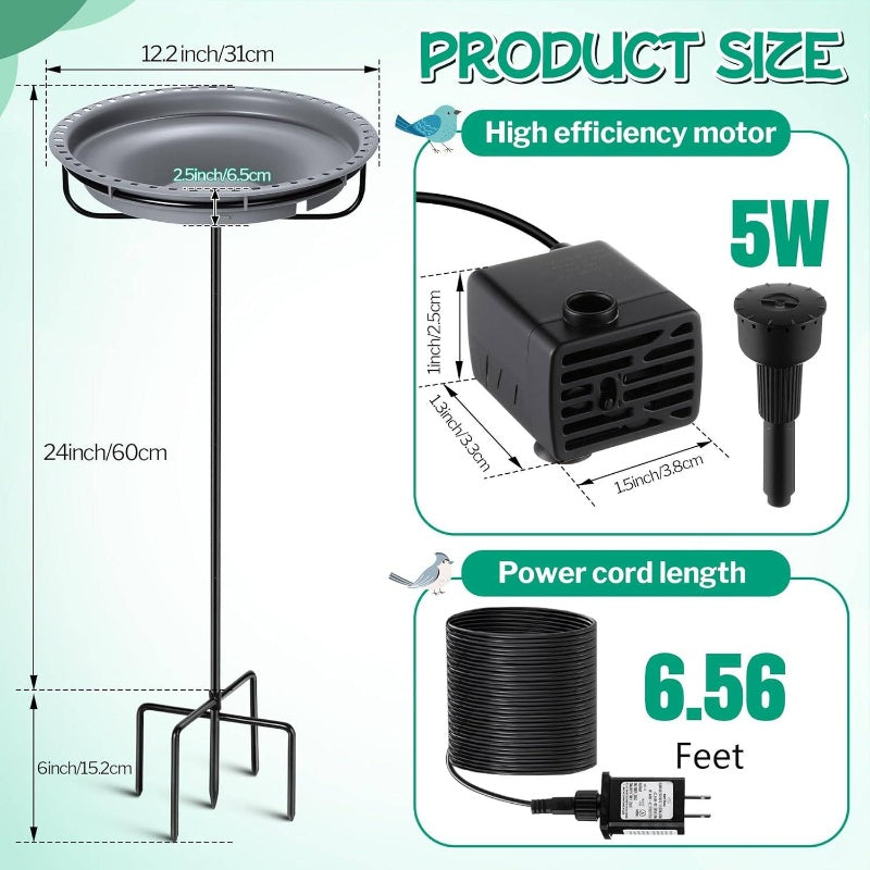 Outdoor/ Bird Bath Fountain Set with 5W Pump - 24-Hour Waterfall & Basin, Auto Shut-Off & Dry Run, Easy Installation for Garden,, Yard Bird Feeding Area, Submersible Water Fountain Pump, Water Pump Fountain, Fountain Pumps Fo