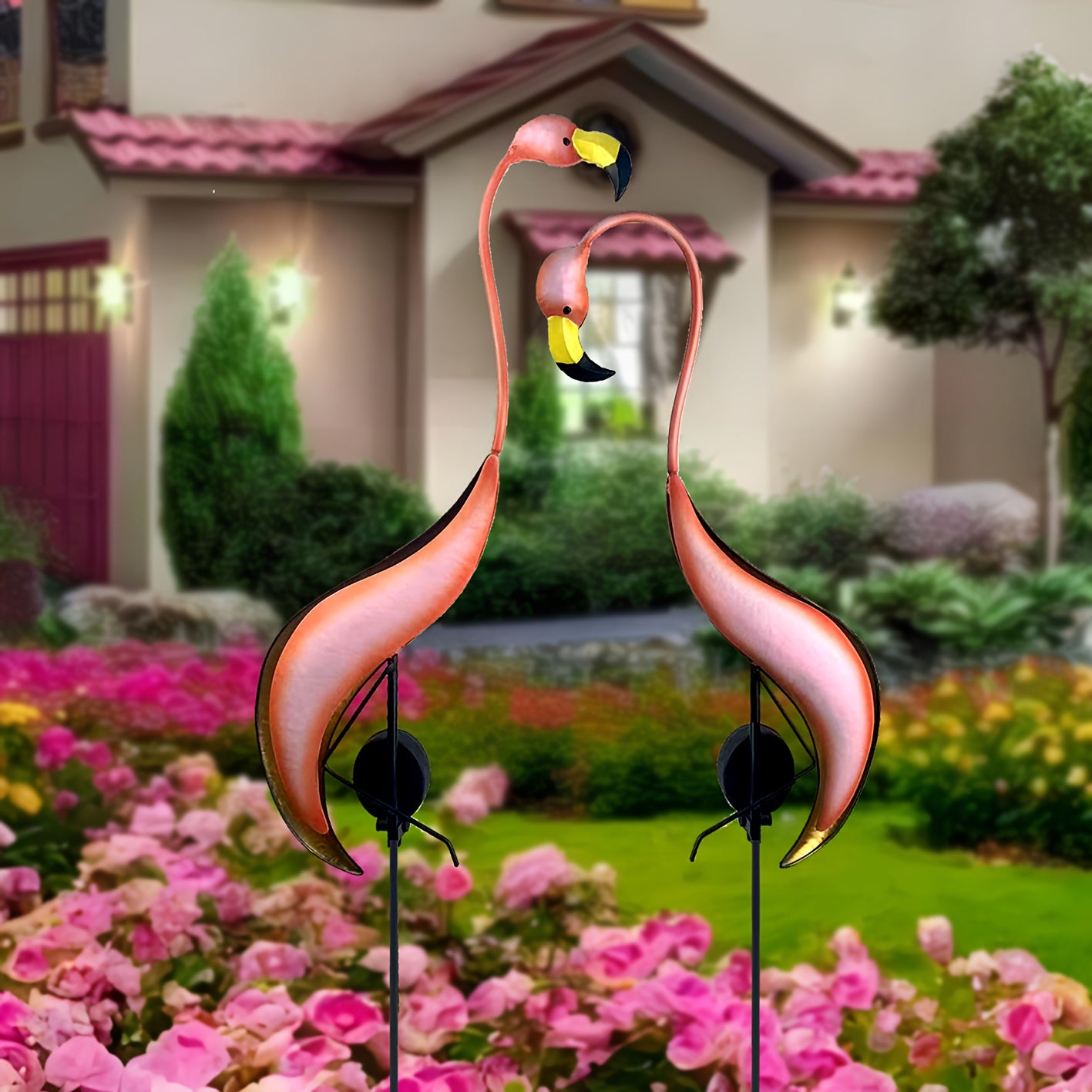2PK Solar-Powered Flamingo Garden Stake Lights - LED Outdoor Yard Decor, Weather-Resistant Metal Bird Statues for Lawn, Patio, Porch - Rechargeable Nickel Battery, Matte Finish, Housewarming Gift, Outdoor Lighting | Vibrant G