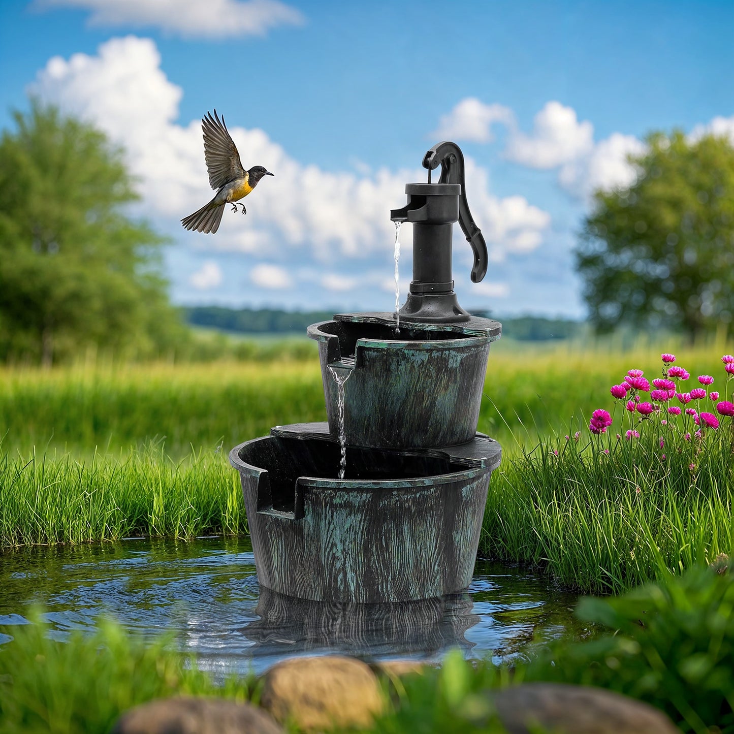 27" Tall Outdoor Fountain with Pump - Two-Tier Waterfall, Heavy-Duty Construction, Attracts Birds, Decorative Garden, Patio, Backyard, or Bird Bath Fountain - Easy Assembly & Low Maintenance, Patio Decor, Rustic Design, Weath