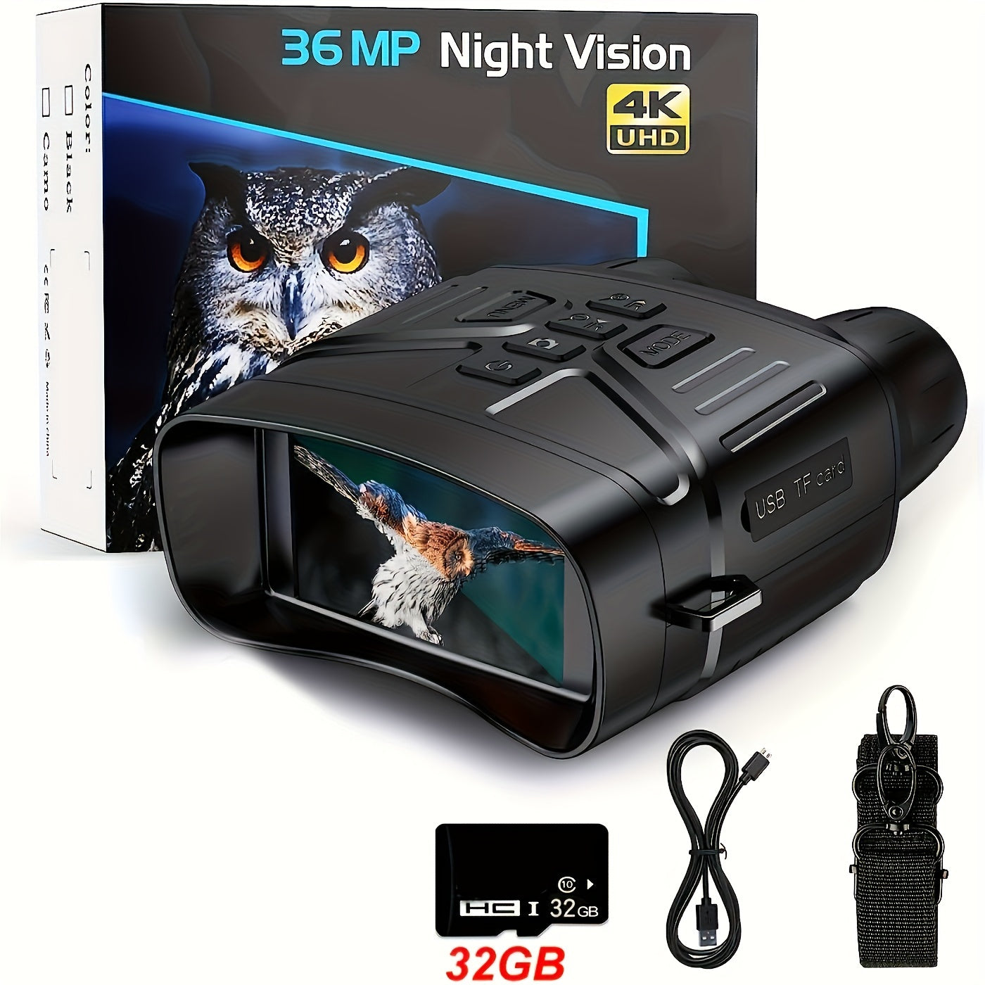 4K HD 5x Zoom Night Vision 36MP Night Infrared Detection Screen Binoculars 3.0 Inch "(800 * 480) HD TFT Screen Built-in 4000mA Lithium Battery Video Camera to Take Pictures, Full Black Observation Distance: 400m, Infrared Lam