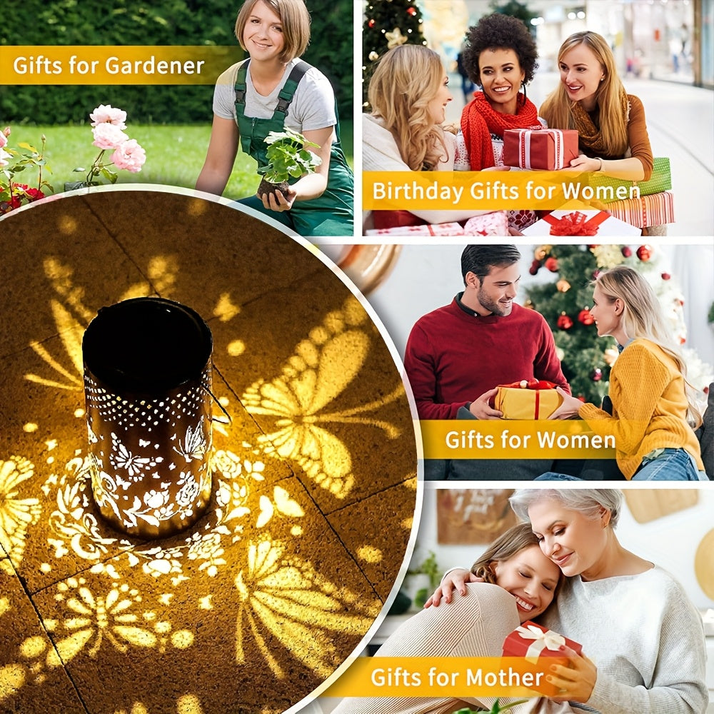 Large Updated Solar Iron Outdoor Decorative Lights - With 3D Dynamic Projection And Solar Battery, Floral And Butterfly Cutouts, IP65, Warm Ambiance Glow Suitable For Courtyards, Balconies, Or Lawns, Perfect Gift.