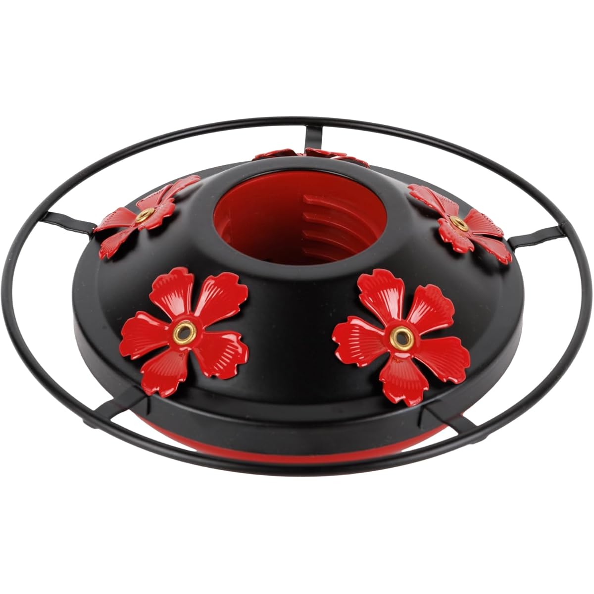 Hummingbird Feeder Replacement Base with Red Plastic Base & Metal Top - 5-Flower Design, Black Outdoor Garden Bird Feeder Part, Durable Metal Construction with Easy-Clean Brushes Included, Compatible with Feeders (No Batterie