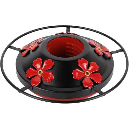 Hummingbird Feeder Replacement Base with Red Plastic Base & Metal Top - 5-Flower Design, Black Outdoor Garden Bird Feeder Part, Durable Metal Construction with Easy-Clean Brushes Included, Compatible with Feeders (No Batterie