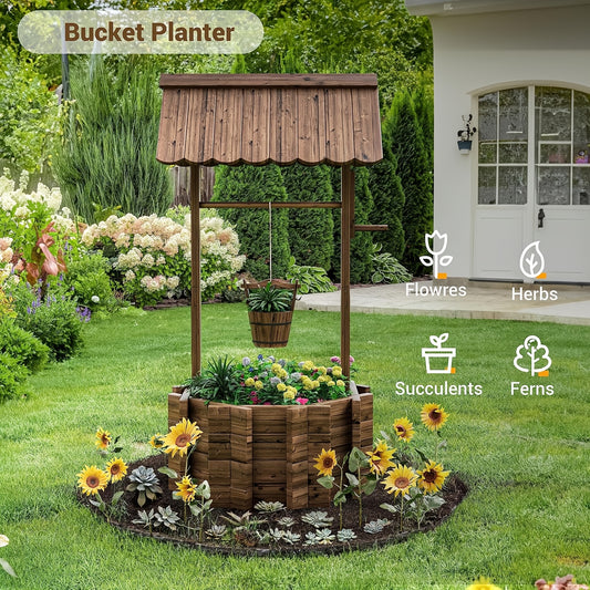 Rustic Wooden Wishing Well Planter - Outdoor Garden Decor with Hanging Bucket, Weather-Resistant Wooden Planter for Patio, Yard, Backyard - Geometric Design, Rectangular Shape, Perfect for Flowers, Herbs, and Succulents, Gard