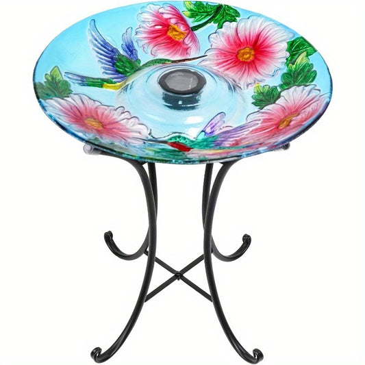 VCUTEKA Solar Birdbath Glass Bird Bath Outdoor with Metal Stand for Lawn Yard Garden Decor Hummingbird