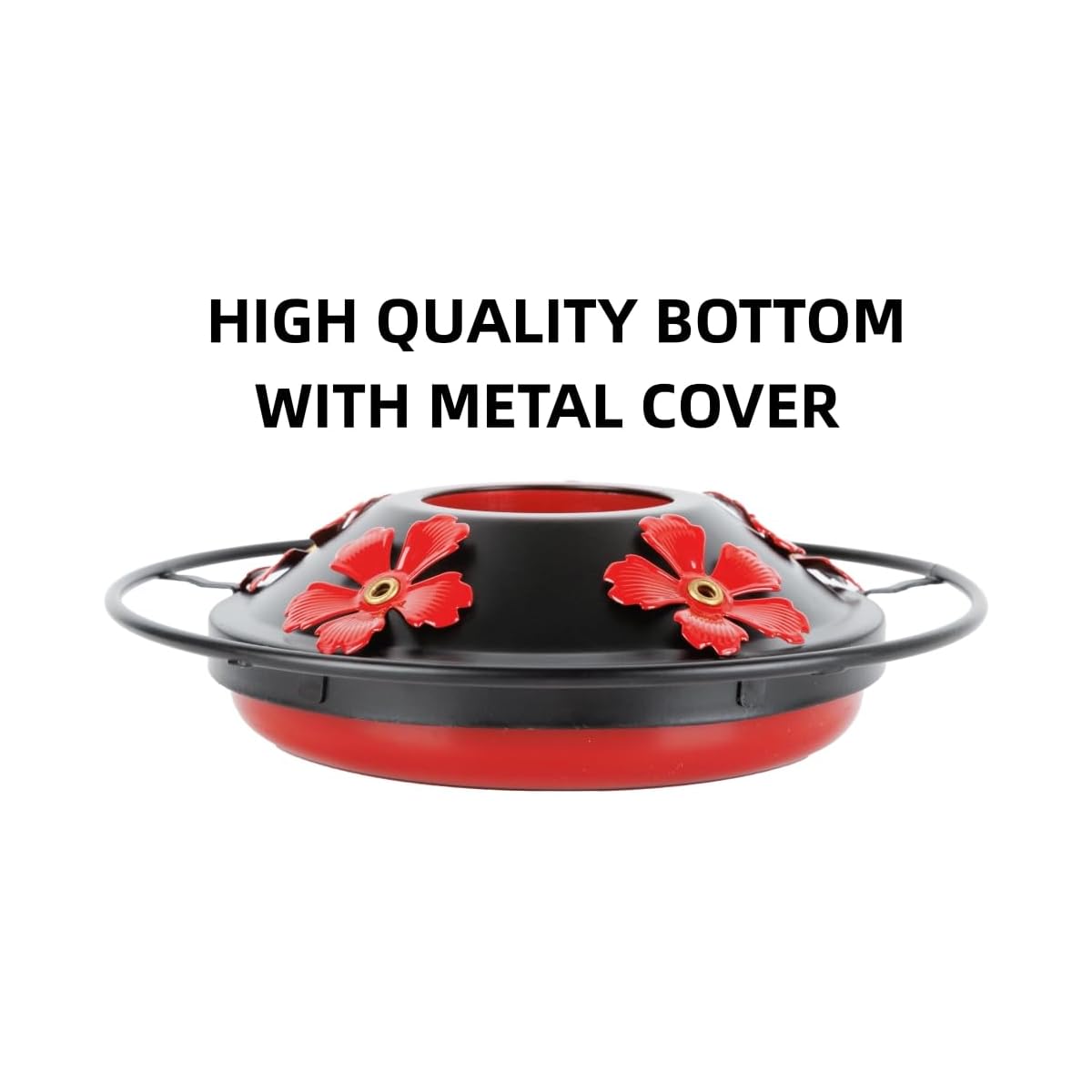Hummingbird Feeder Replacement Base with Red Plastic Base & Metal Top - 5-Flower Design, Black Outdoor Garden Bird Feeder Part, Durable Metal Construction with Easy-Clean Brushes Included, Compatible with Feeders (No Batterie