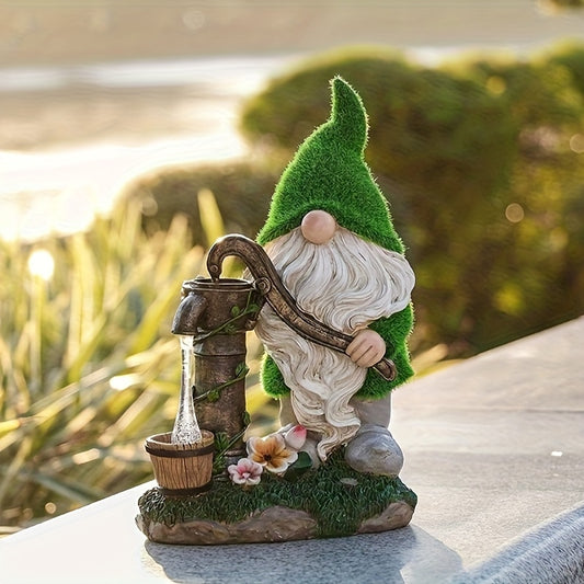 Solar-Powered LED Gnome Fountain Statue with Water Flow & Solar - 12" Resin Birdbath Garden Decor, Outdoor Water Feature with On/Off Button, Solar-Powered for Patio, Yard, Pond, Christmas Decoration (Green Gnome & Flower