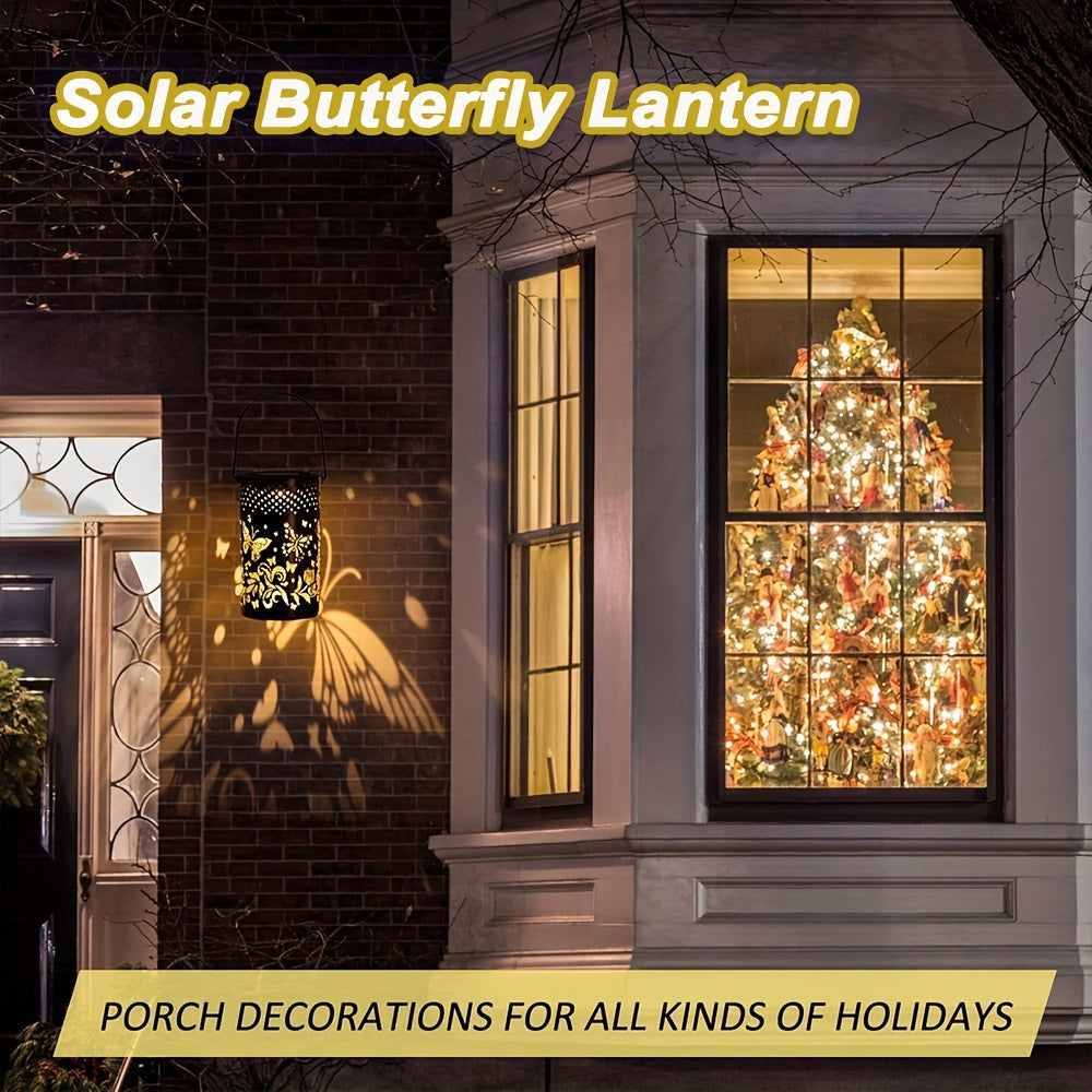 Large Updated Solar Iron Outdoor Decorative Lights - With 3D Dynamic Projection And Solar Battery, Floral And Butterfly Cutouts, IP65, Warm Ambiance Glow Suitable For Courtyards, Balconies, Or Lawns, Perfect Gift.