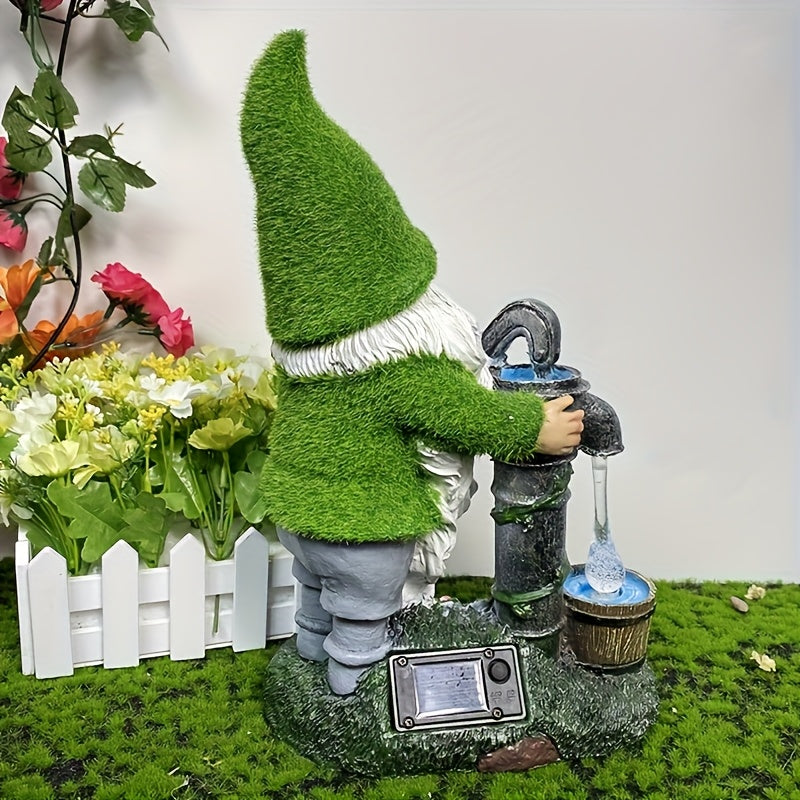 Solar-Powered LED Gnome Fountain Statue with Water Flow & Solar - 12" Resin Birdbath Garden Decor, Outdoor Water Feature with On/Off Button, Solar-Powered for Patio, Yard, Pond, Christmas Decoration (Green Gnome & Flower